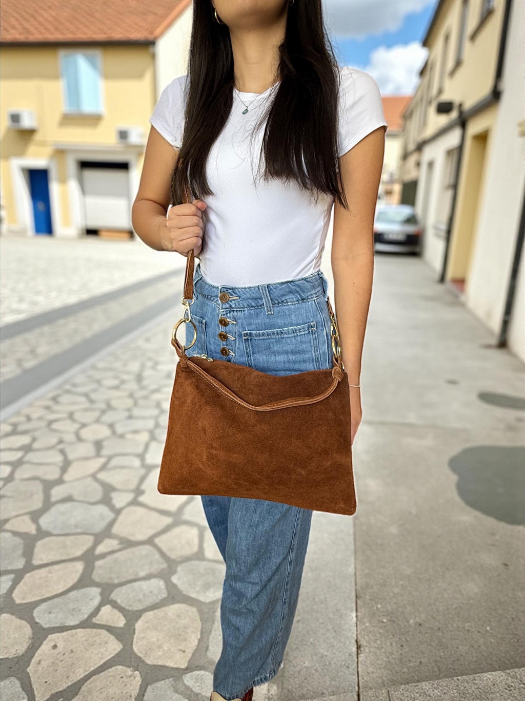 Bolso de hombro estilo hobo de ante suave estilo bohemio