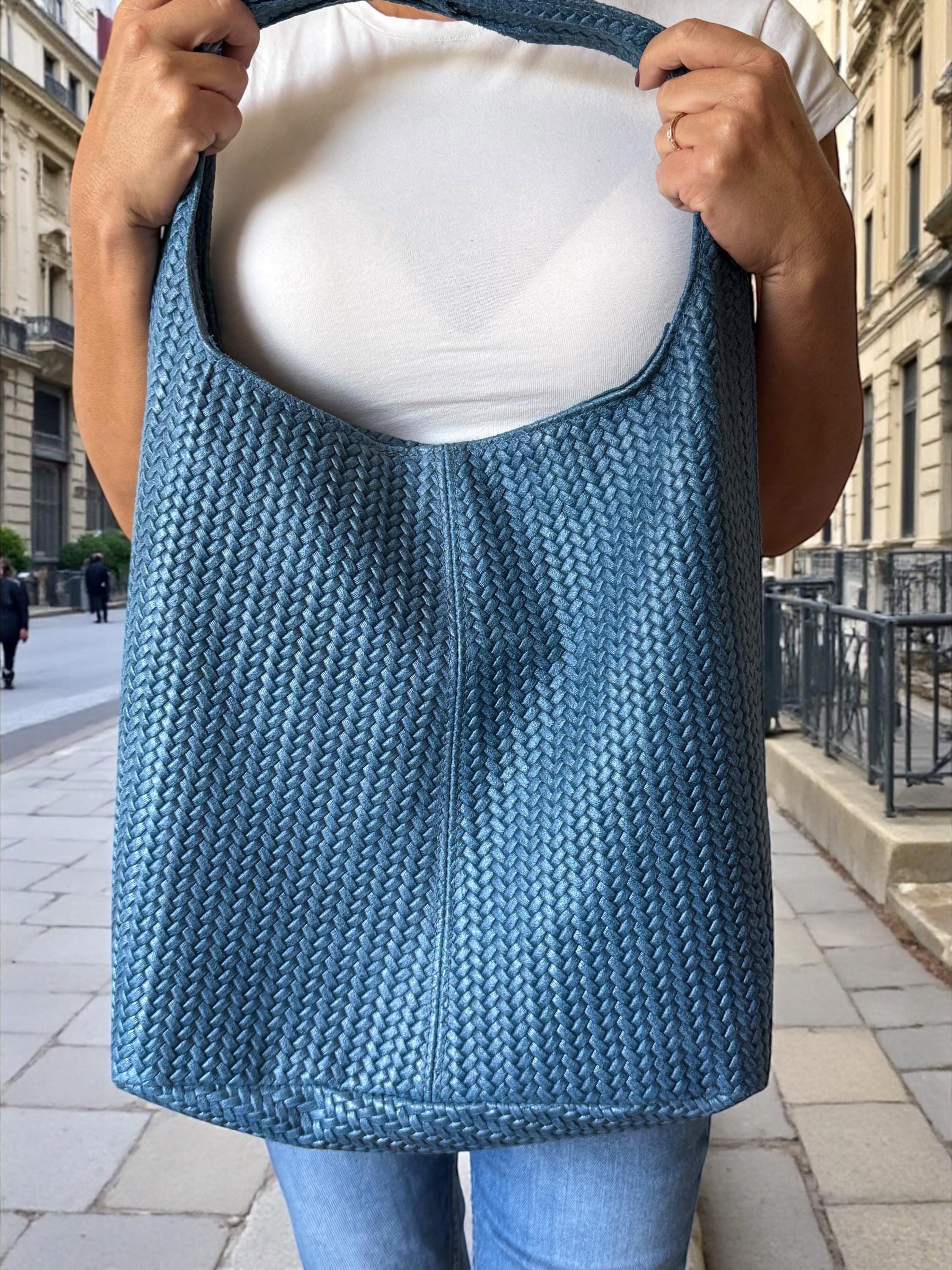 Bolso hobo azul de piel italiana auténtica tejida
