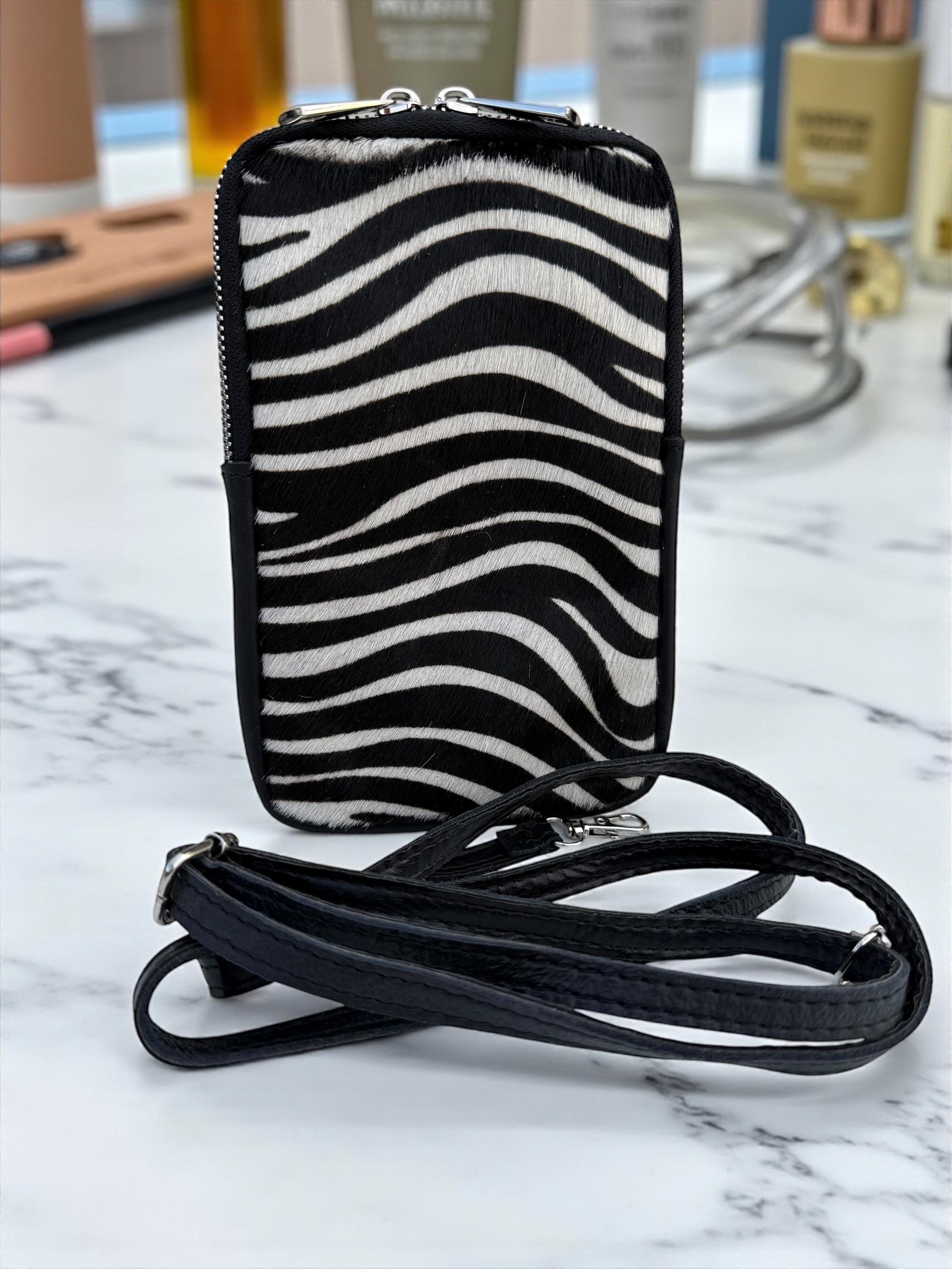 Mini bolso para teléfono móvil de piel auténtica con estampado de cebra