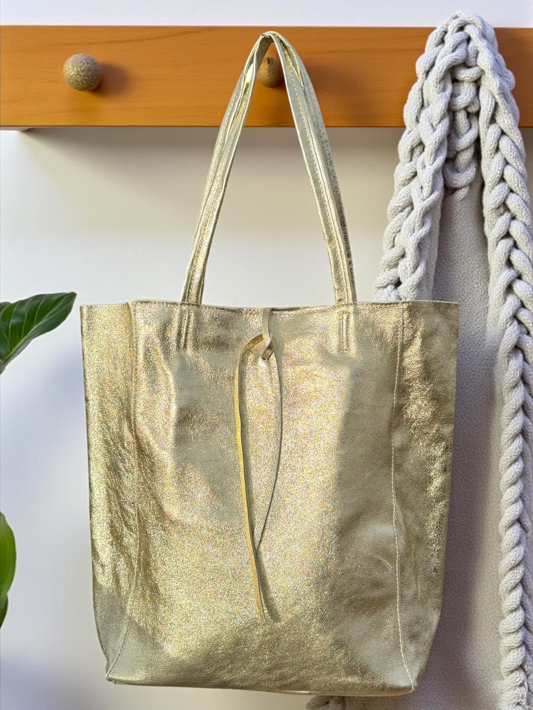 Bolso tote grande de piel italiana auténtica metalizada color plata
