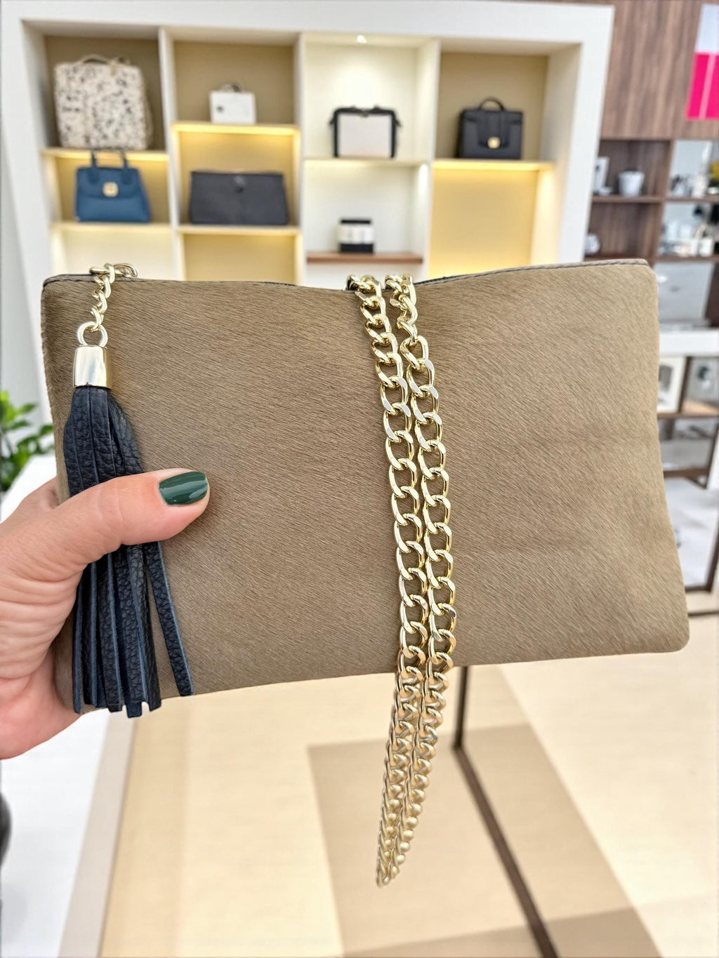 Bolso de mano para pelucas de cuero genuino con pelo de poni