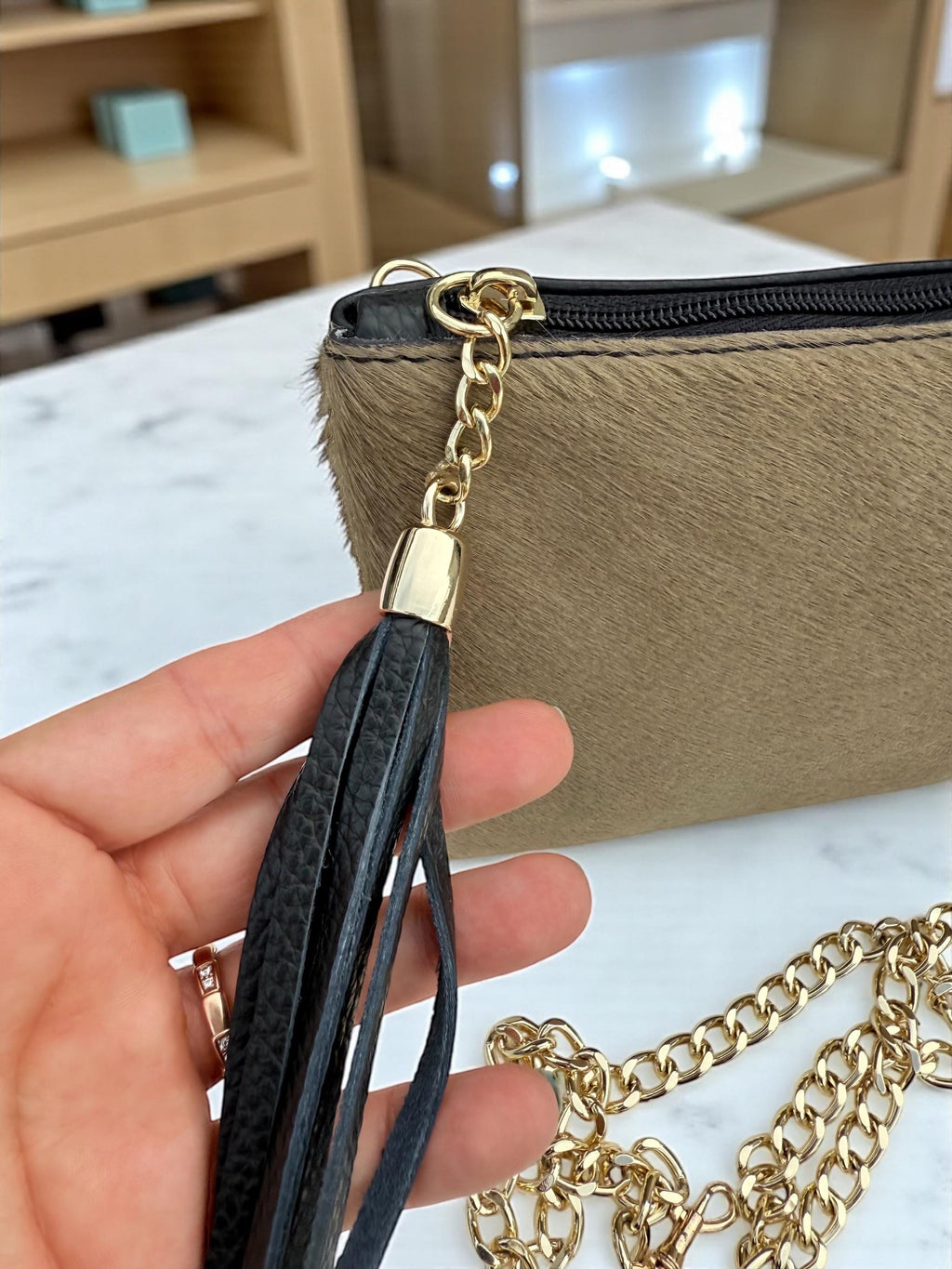 Bolso de mano para pelucas de cuero genuino con pelo de poni