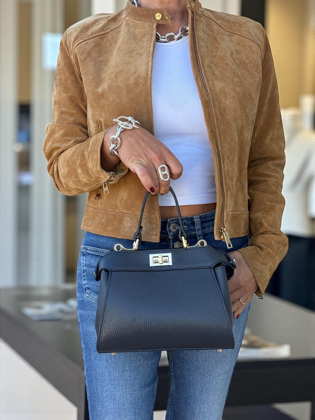 Bolso bandolera Navi clásico de piel italiana auténtica con textura granulada