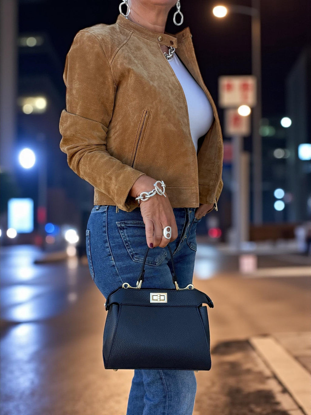 Bolso bandolera Navi clásico de piel italiana auténtica con textura granulada