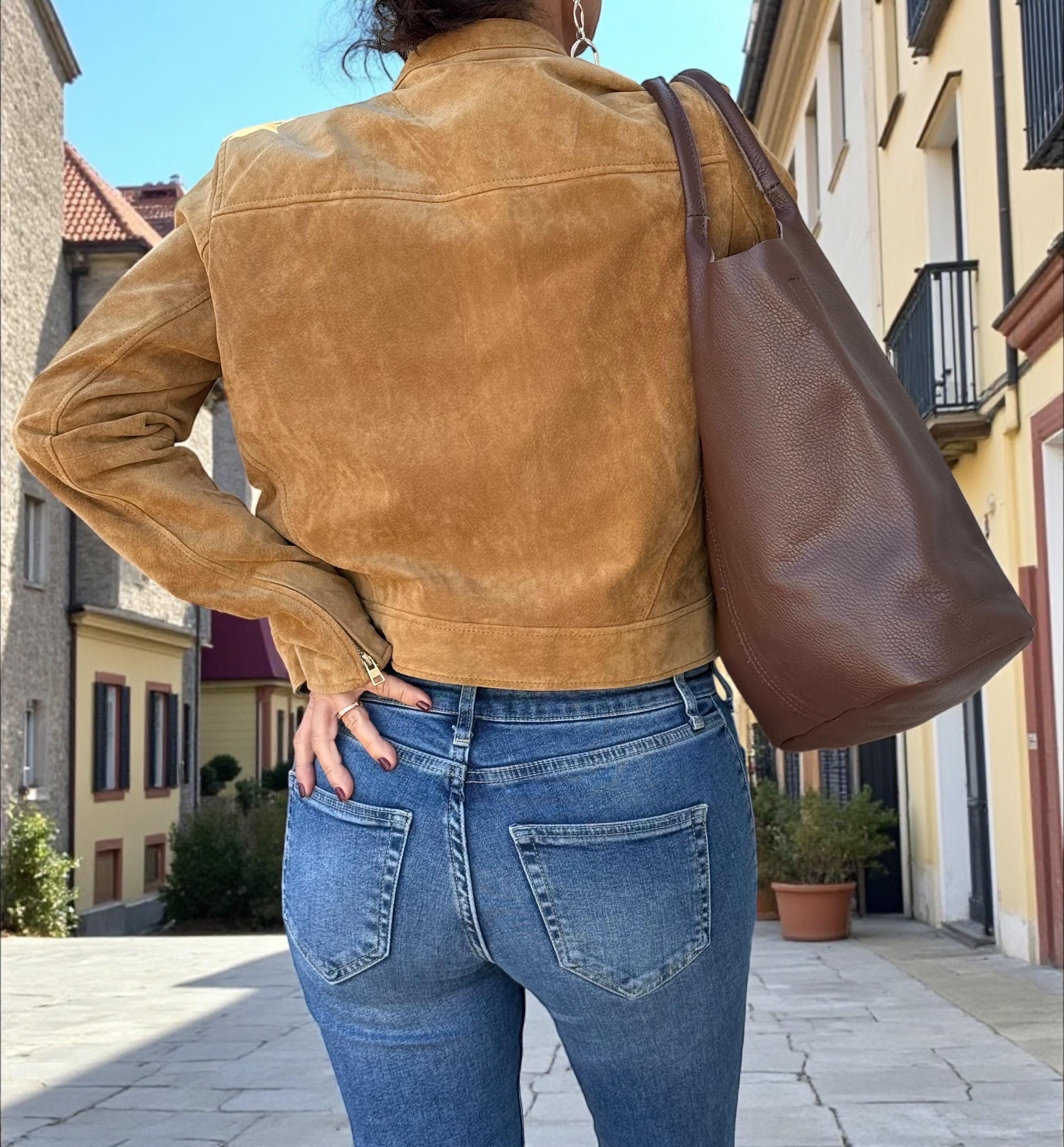 Bolso tote de piel auténtica suave color marrón