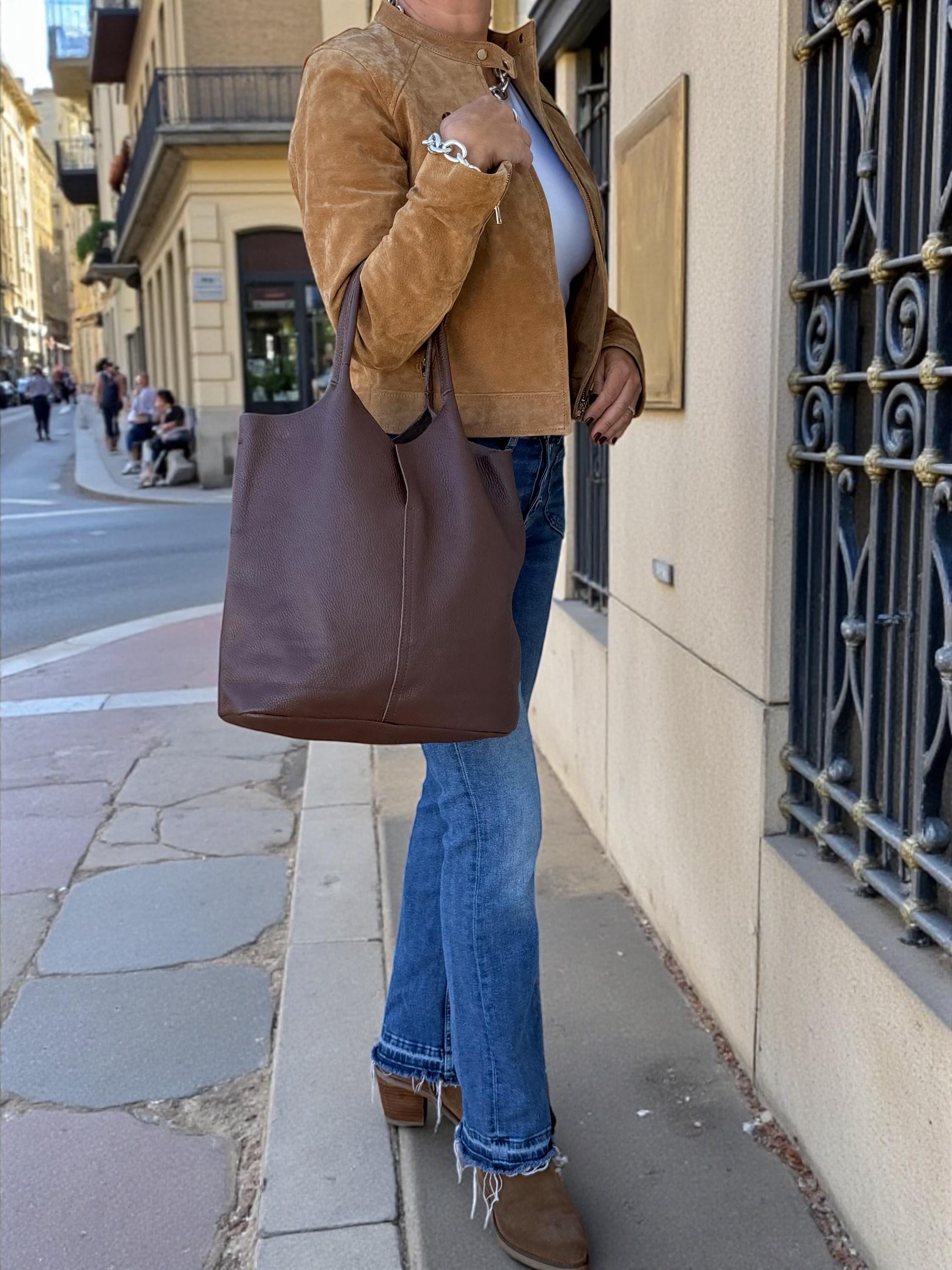 Bolso tote de piel auténtica suave color marrón