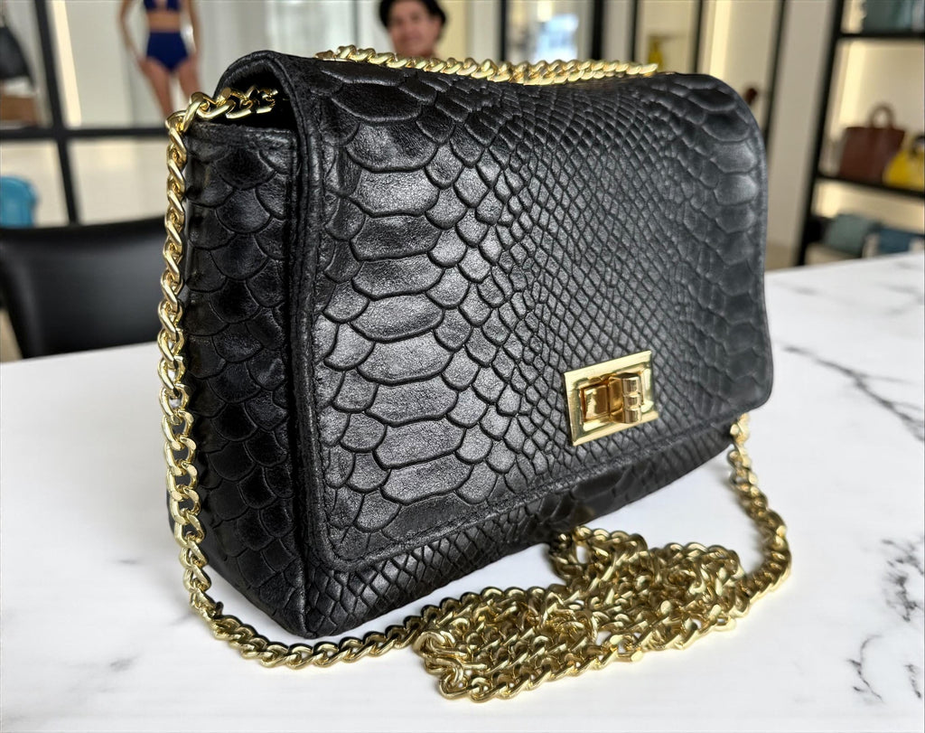 Bolso bandolera mini negro de piel auténtica repujada