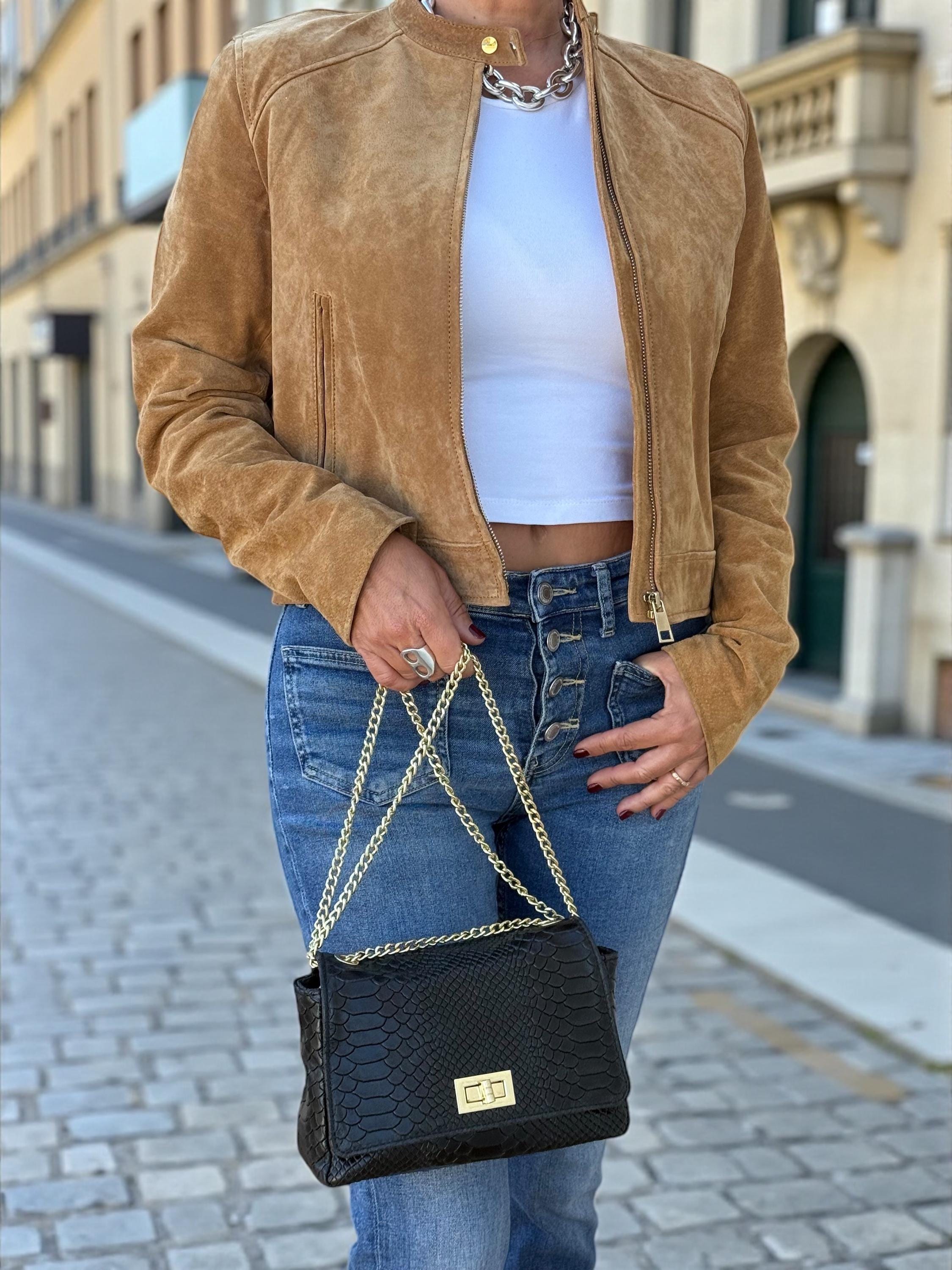 Bolso bandolera mini negro de piel auténtica repujada