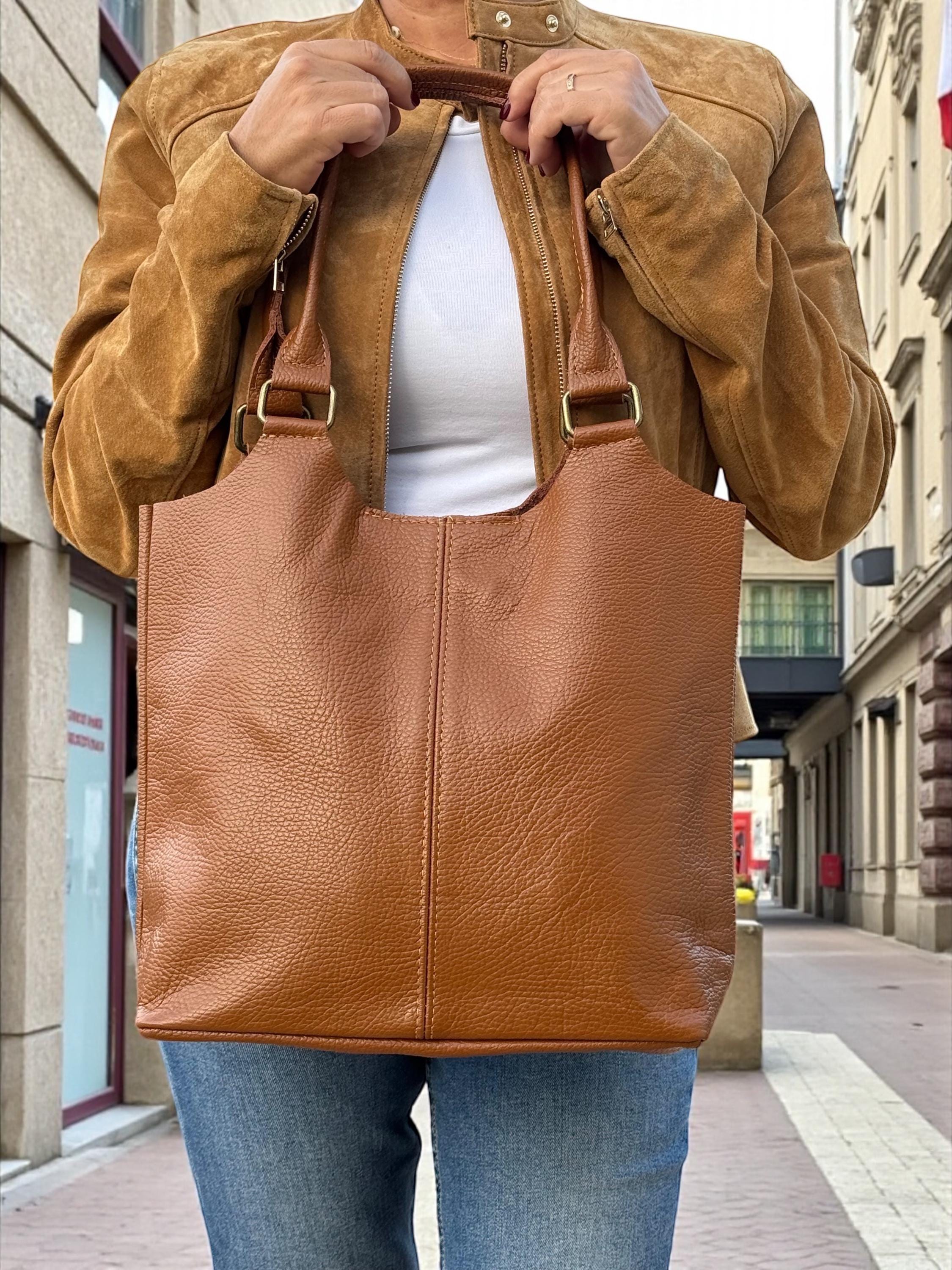Bolso shopper de piel auténtica color marrón camel