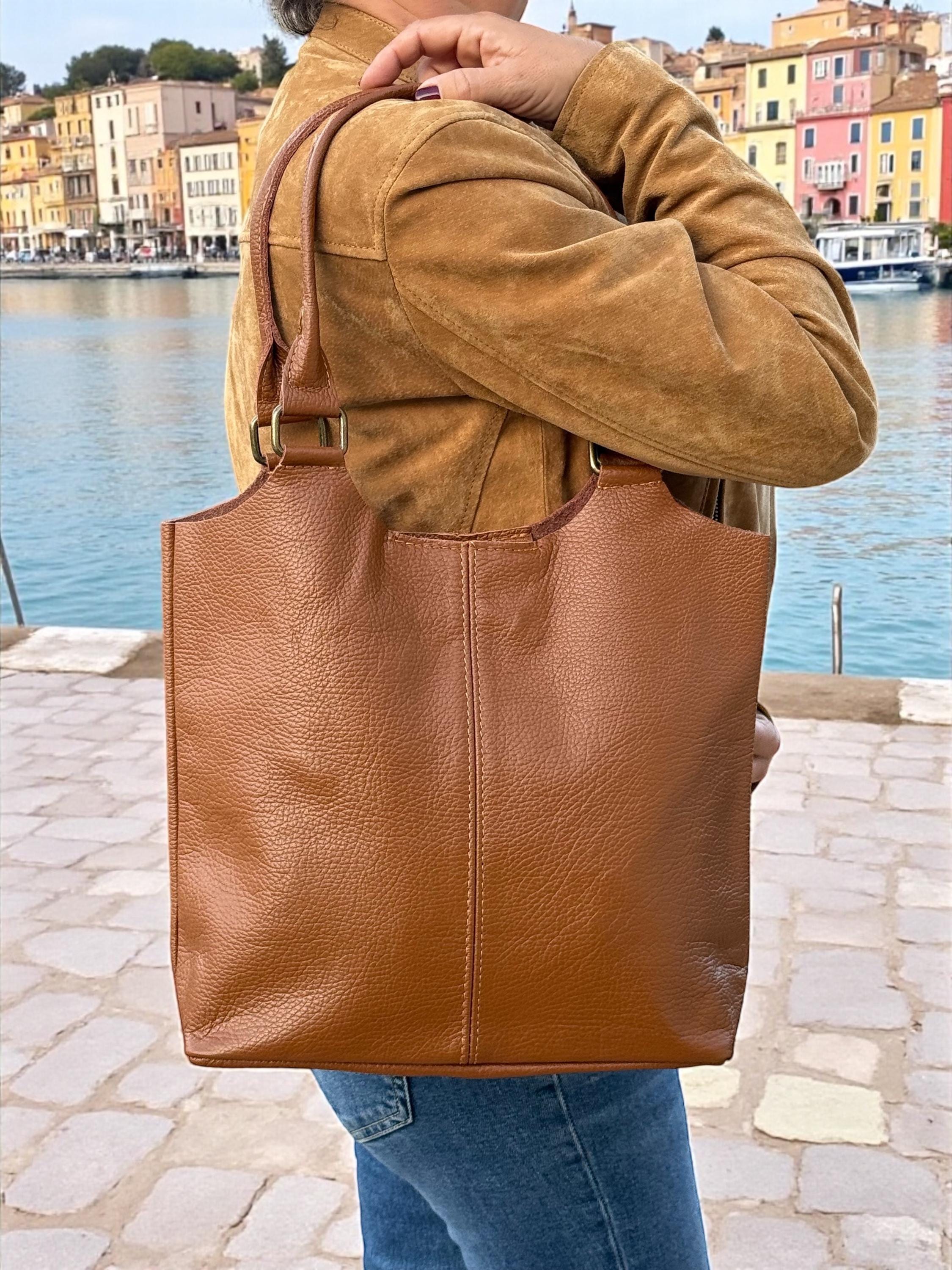 Bolso shopper de piel auténtica color marrón camel