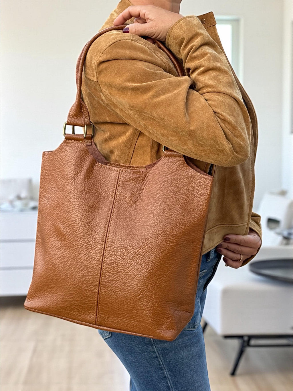 Bolso shopper de piel auténtica color marrón camel
