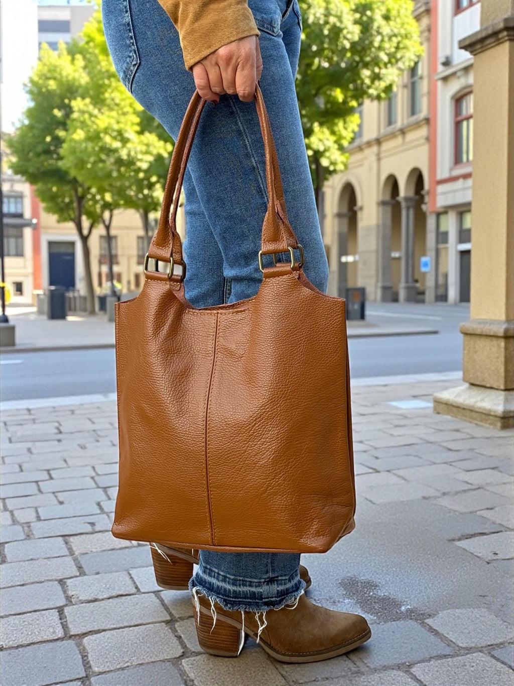Bolso shopper de piel auténtica color marrón camel