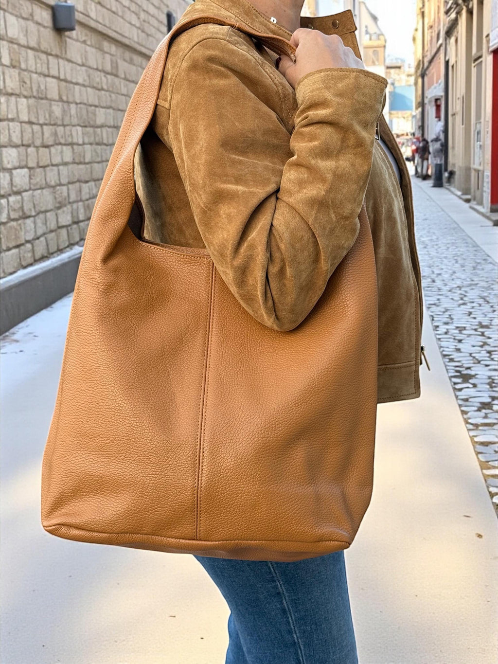 Bolso tote grande de piel auténtica color marrón camel