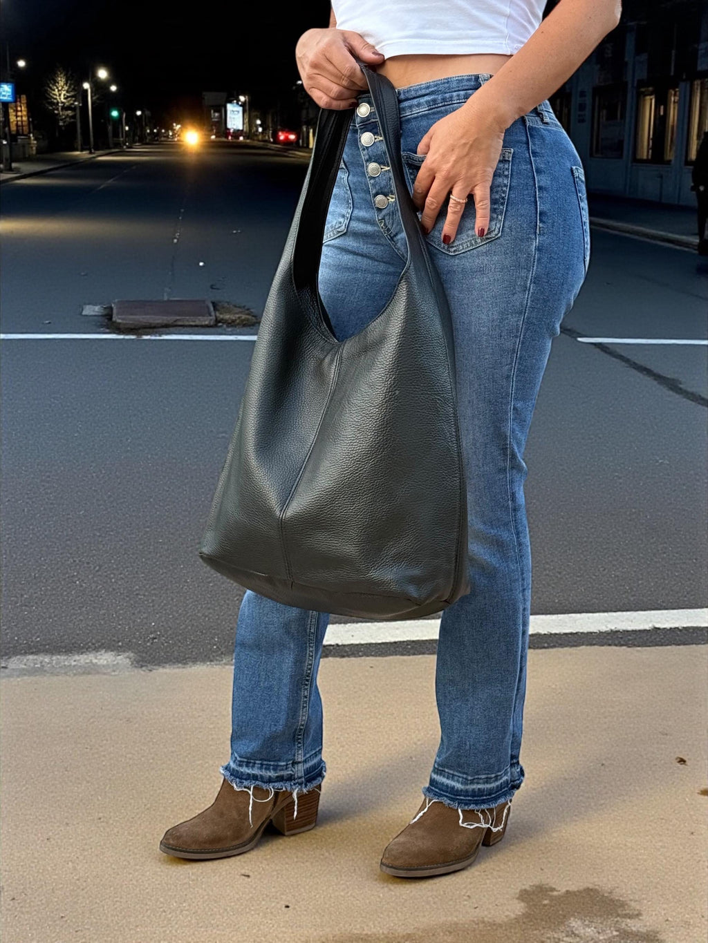 Bolso tote hobo de piel auténtica negra