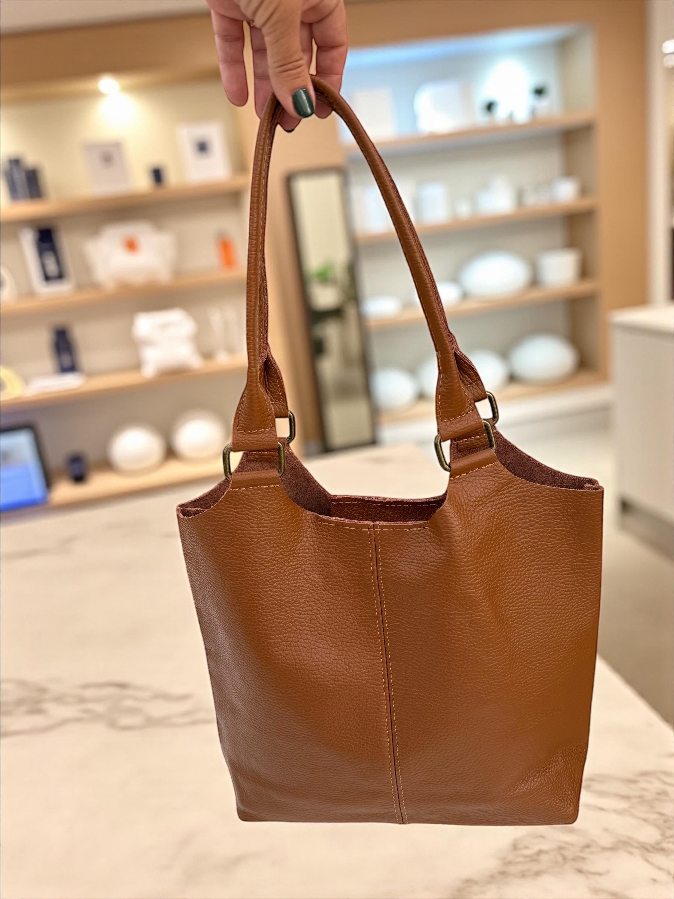 Bolso shopper de piel auténtica color marrón camel