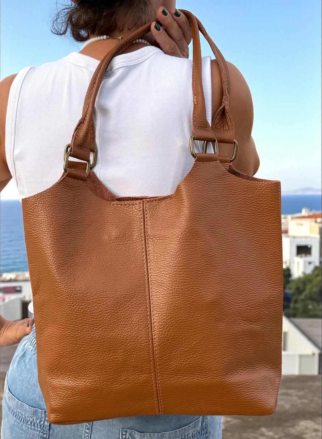Bolso shopper de piel auténtica color marrón camel