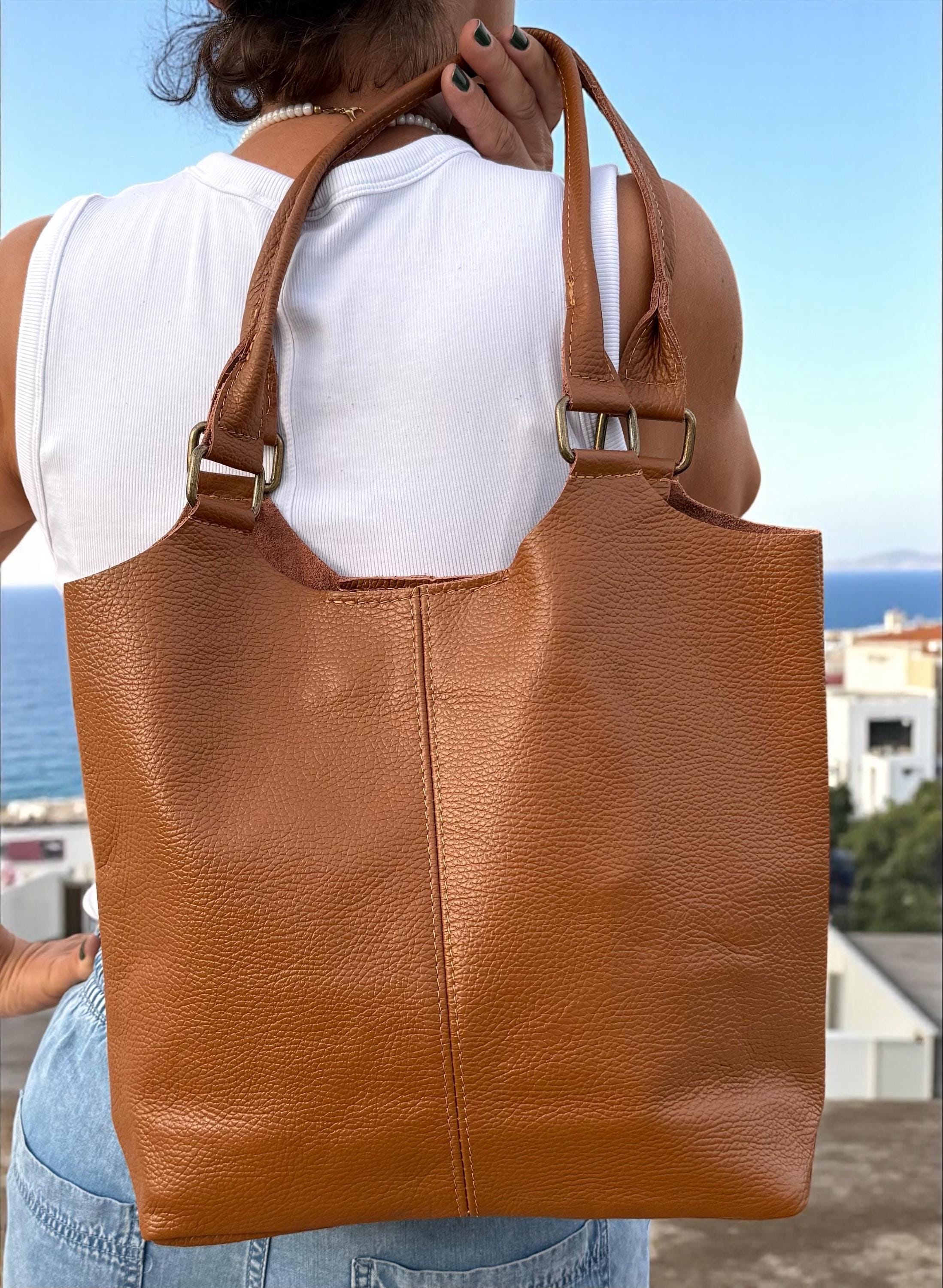 Bolso shopper de piel auténtica color marrón camel