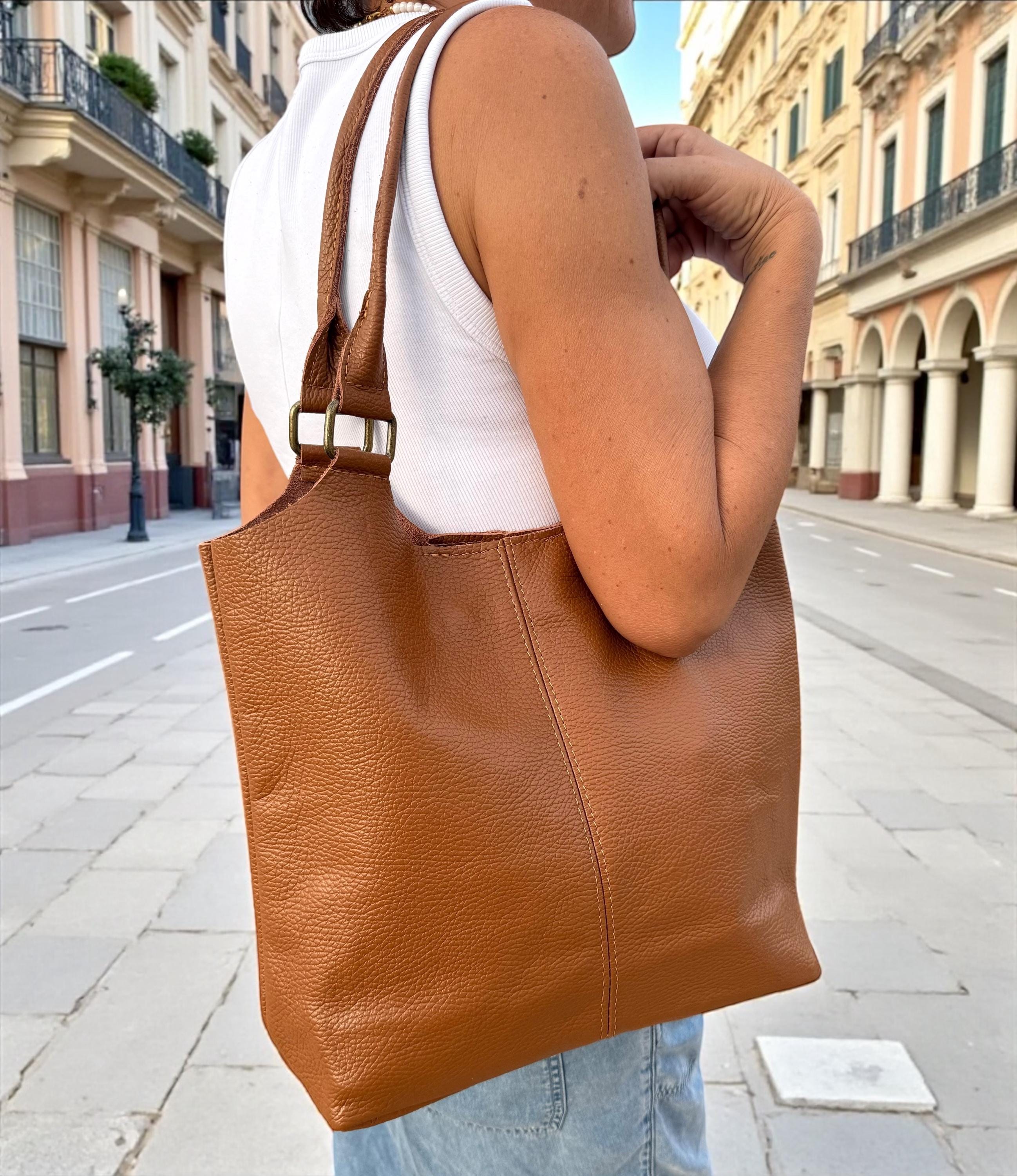 Bolso shopper de piel auténtica color marrón camel