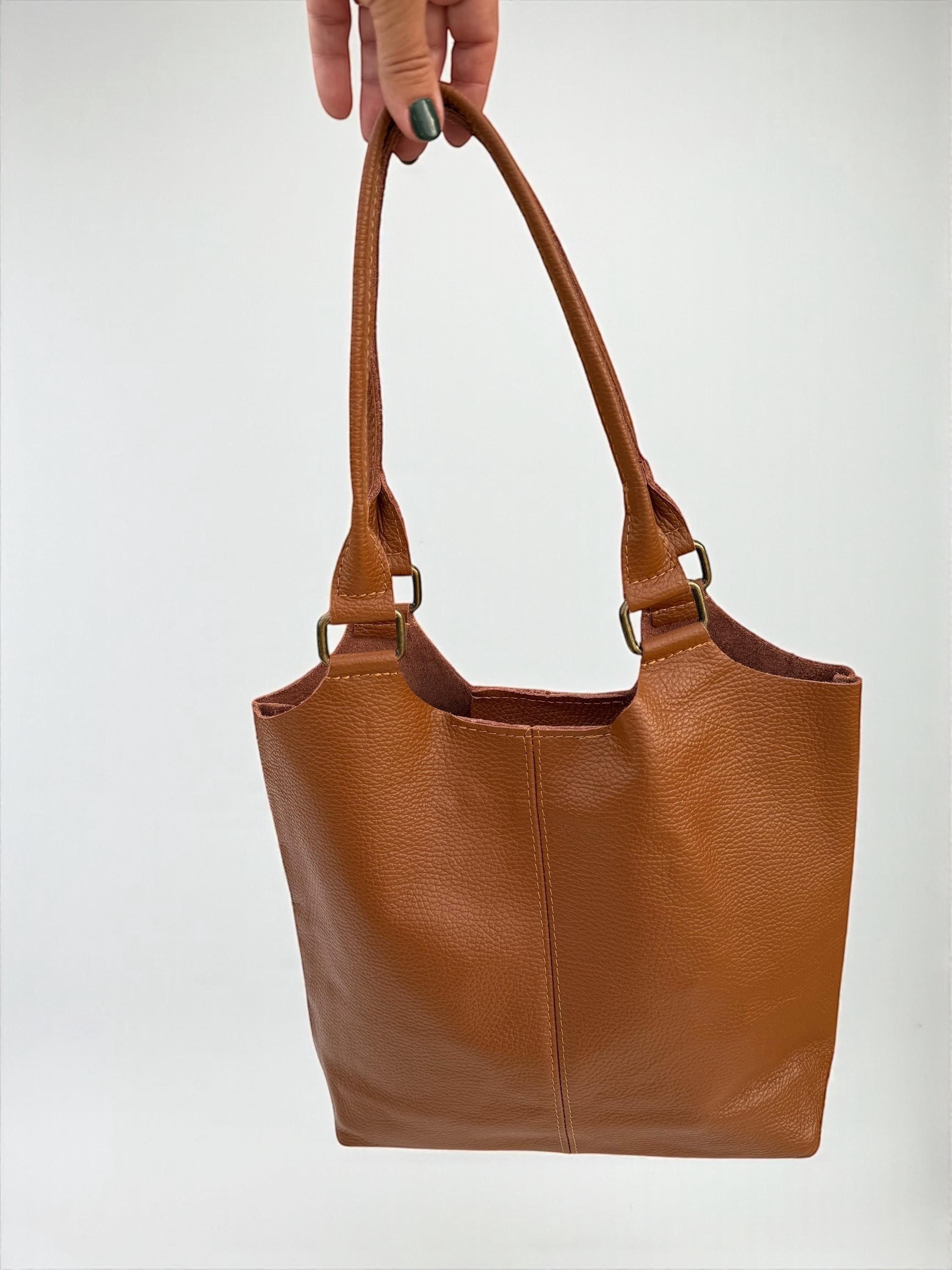 Bolso shopper de piel auténtica color marrón camel
