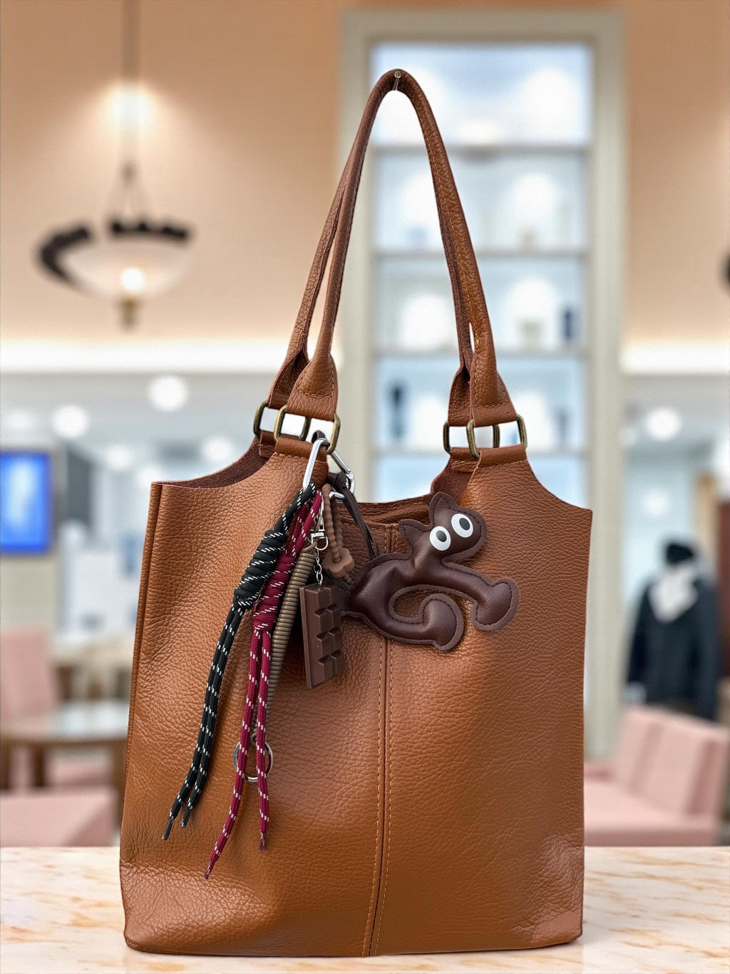 Bolso shopper de piel auténtica color marrón camel