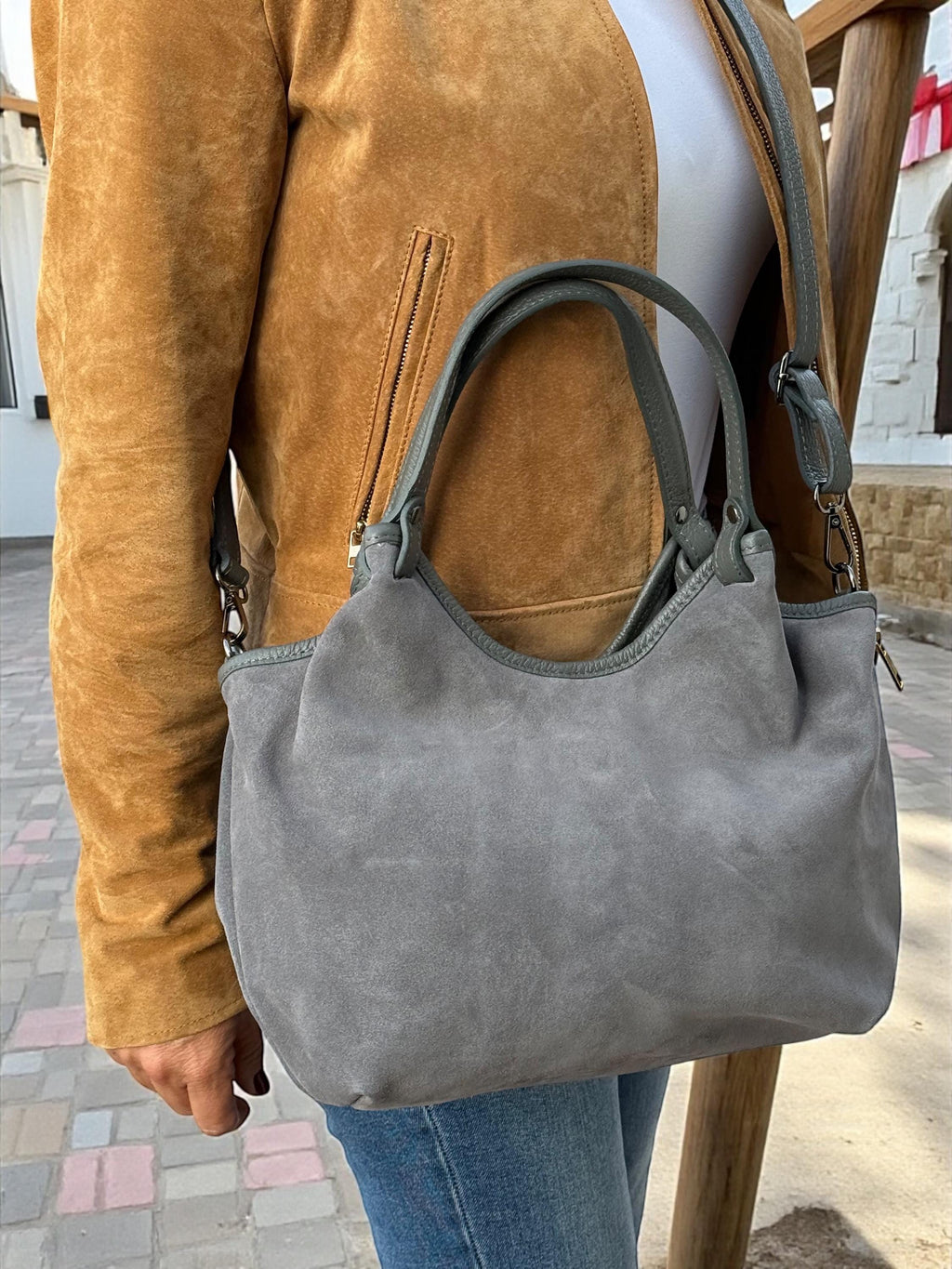 Bolso shopper de ante gris y cuero