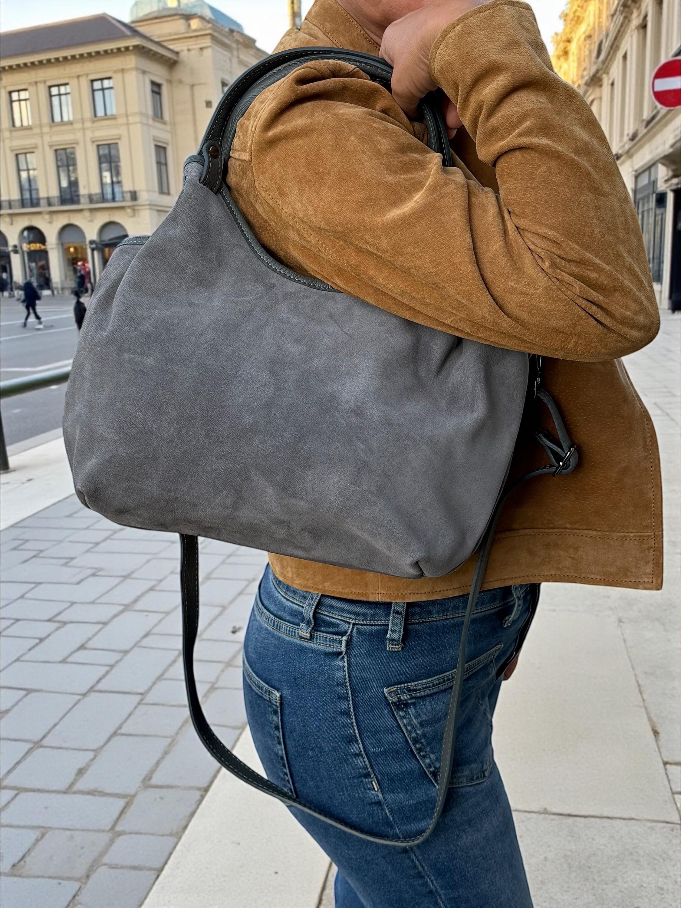 Bolso shopper de ante gris y cuero
