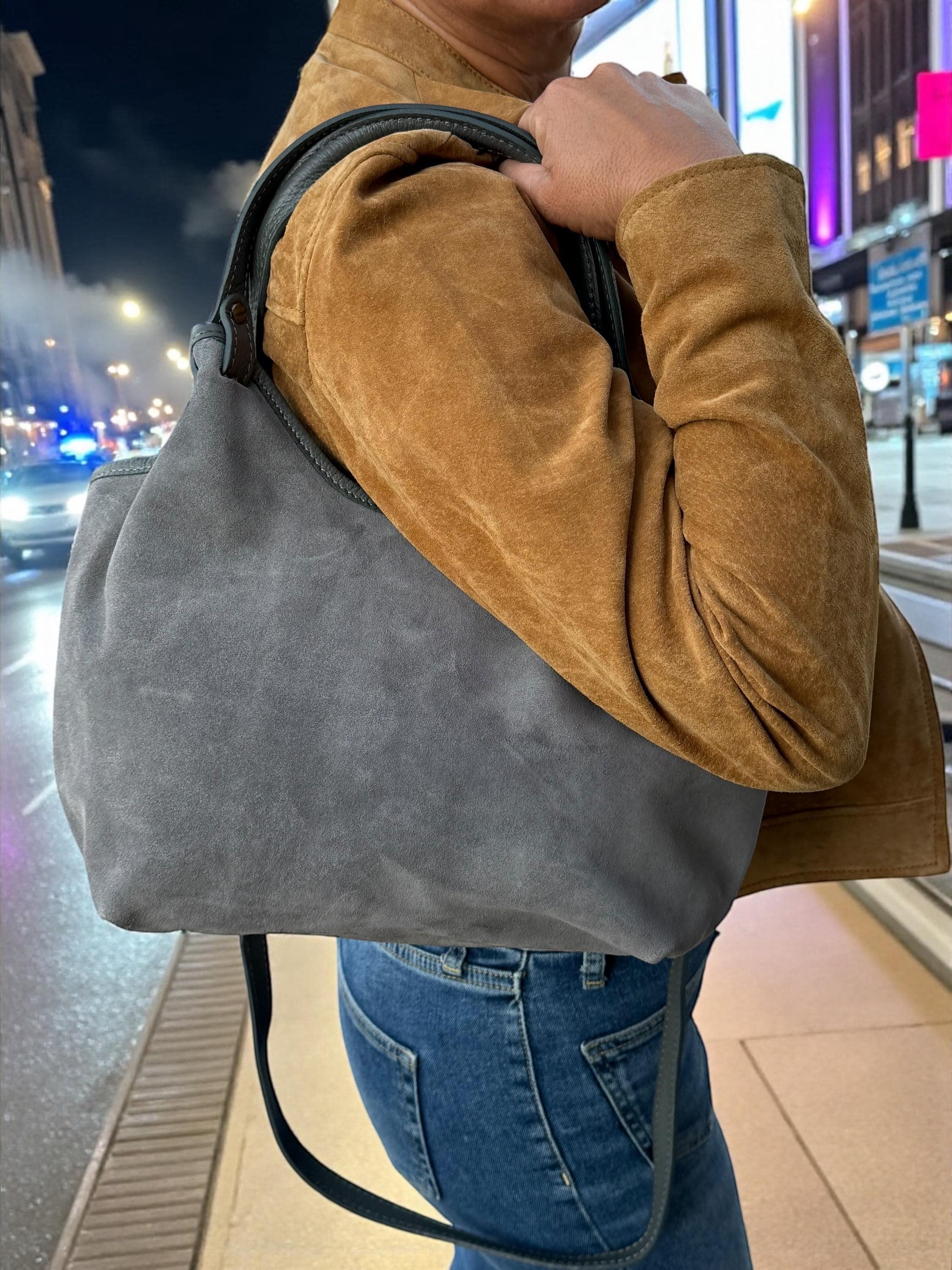 Bolso shopper de ante gris y cuero
